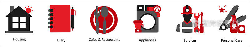 Six food and drinks icons in red and black as housing, diary, café and restaurants